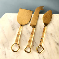 3 piece Cheese Knife Set - Rattan-wrapped handles - Hammered Gold Blades -  Charcuterie Board Essentials - Cheese Tools - Bridal Shower Gift