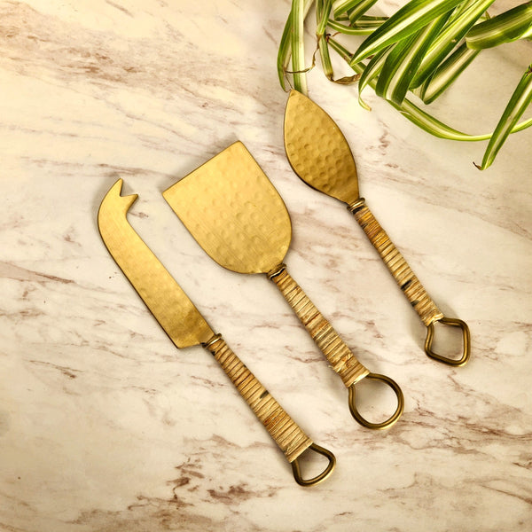 3 piece Cheese Knife Set - Rattan-wrapped handles - Hammered Gold Blades -  Charcuterie Board Essentials - Cheese Tools - Bridal Shower Gift