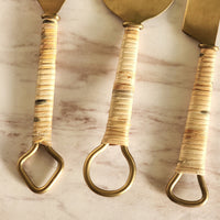 3 piece Cheese Knife Set - Rattan-wrapped handles - Hammered Gold Blades -  Charcuterie Board Essentials - Cheese Tools - Bridal Shower Gift