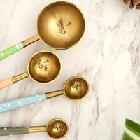 Gold Measuring Spoon Set - Pastel Color Handles - Gold Finish with Enameled Handles - Handmade - 1 Table spoon to 1/4 Tea Spoon - Gift Boxed