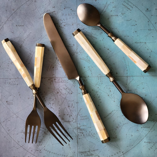 Mother of Pearl Inlay Flatware Set - Black Flatware - 5 Piece Hostess Set - Handmade Black Silverware - Black Cutlery Set - Gift Boxed