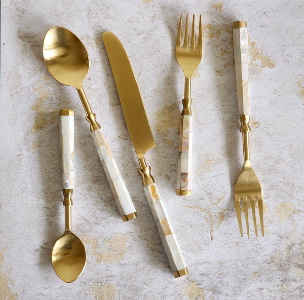 Mother of Pearl Inlay Flatware Set - Gold Wedding Flatware - 5