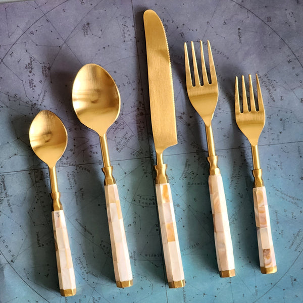 Mother of Pearl Inlay Flatware Set Gold Wedding Flatware 5 Piece H Gibb Daan