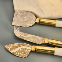 3 Piece Cheese Knife Set - White Marble & Brass Handles - Engraved Silver Blades - Artisan Handmade Cheese Knives - Gift Boxed