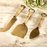 3 piece Cheese Knife Set - Rattan-wrapped handles - Hammered Gold Blades -  Charcuterie Board Essentials - Cheese Tools - Bridal Shower Gift