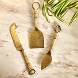 3 piece Cheese Knife Set - Rattan-wrapped handles - Hammered Gold Blades -  Charcuterie Board Essentials - Cheese Tools - Bridal Shower Gift