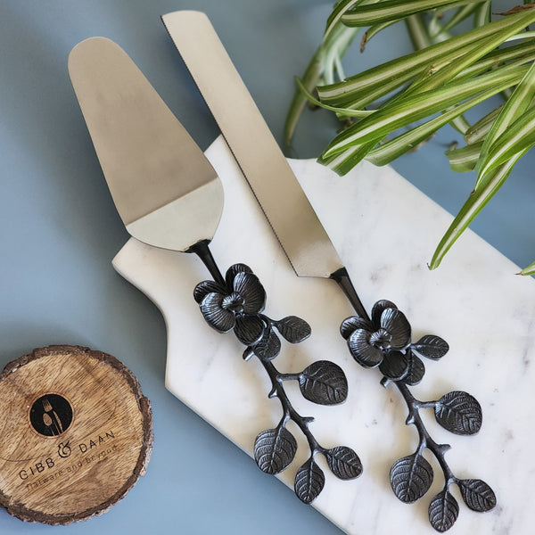 Black Wedding Cake Knife and Server Set - Custom Wedding Cake Cutter - Gothic Wedding Cake Knife Set -Custom Black Cake Server and Knife Set
