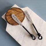 Personalized Twist Knot Handles Cheese Knives Set - Laser Engraved Handmade Spreader Knives - Rustic Black finish handles - Gift Boxed