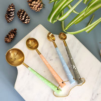Gold Measuring Spoon Set - Pastel Color Handles - Gold Finish with Enameled Handles - Handmade - 1 Table spoon to 1/4 Tea Spoon - Gift Boxed