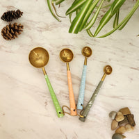 Gold Measuring Spoon Set - Pastel Color Handles - Gold Finish with Enameled Handles - Handmade - 1 Table spoon to 1/4 Tea Spoon - Gift Boxed