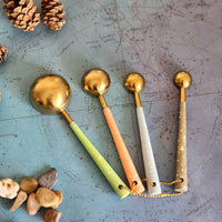 Gold Measuring Spoon Set - Pastel Color Handles - Gold Finish with Enameled Handles - Handmade - 1 Table spoon to 1/4 Tea Spoon - Gift Boxed