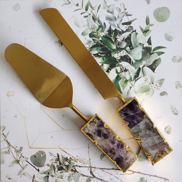 Amethyst Wedding Cake Knife and Server Set - Amethyst Handles - Laser Engraved Gold Cake Serving Set - Gothic Wedding Cake Knife and Server