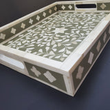 Bone Inlay Olive Tray - Farmhouse Coffee Table Tray - Vintage perfume tray - Pearl Decorative Tray - Large Trinket Tray - Green Ottoman Tray