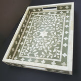 Bone Inlay Olive Tray - Farmhouse Coffee Table Tray - Vintage perfume tray - Pearl Decorative Tray - Large Trinket Tray - Green Ottoman Tray