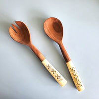 Wooden Salad Servers - Bone Carved Server Set - Salad Serving Utensils Spoon/Fork - Serving Spoon Set - Wooden Flatware - Housewarming Gift