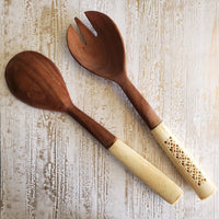 Wooden Salad Servers - Bone Carved Server Set - Salad Serving Utensils Spoon/Fork - Serving Spoon Set - Wooden Flatware - Housewarming Gift