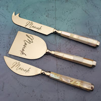 Mother of Pearl Cheese Knife Set - Personalized Cheese Set - Shiny Silver Blades -  Charcuterie Board Essentials - Stocking filler ideas