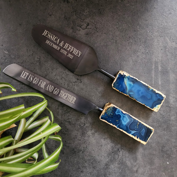 Custom Wedding Cake Knife and Server Set - Blue Agate Handles - Laser Engraved Gold Cake Serving Set - Gothic Wedding Cake Knife and Server