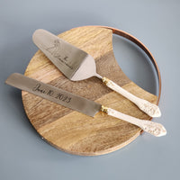 Personalized Wedding Cake Knife, Server and Fork Set -  White Wedding Cake Knife set with Gold Distressing - Wedding Cake Shovel & Cake Fork