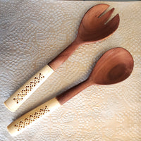 Wooden Salad Servers - Bone Carved Server Set - Salad Serving Utensils Spoon/Fork - Serving Spoon Set - Wooden Flatware - Housewarming Gift