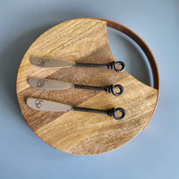 Personalized Twist Knot Handles Cheese Knives Set - Laser Engraved Handmade Spreader Knives - Rustic Black finish handles - Gift Boxed