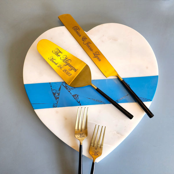 Black Cake Server and Knife - Gold Wedding Cake Cutting Set - Personalized Wedding Gift - Black & Gold - Gothic Wedding Set - Cake Fork Set